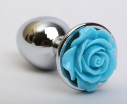 Анальная пробка Silver Small с голубой розой